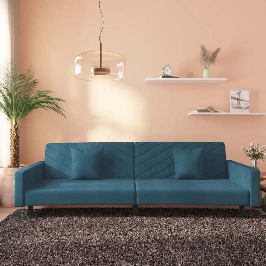 Divano letto | Sof¨¤ letto | Letto singolo a 2 Posti con 2 Cuscini Blu in Velluto