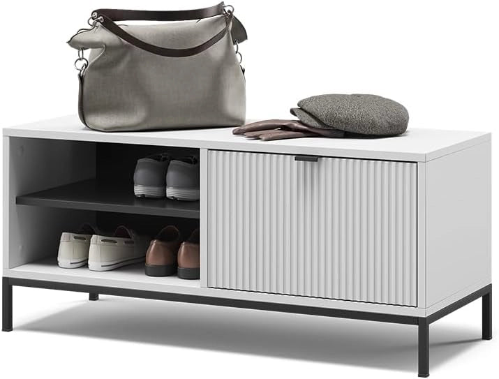 Panca scarpiera da ingresso Eliza, Bianco, 100 x 45 cm con porta a soffietto