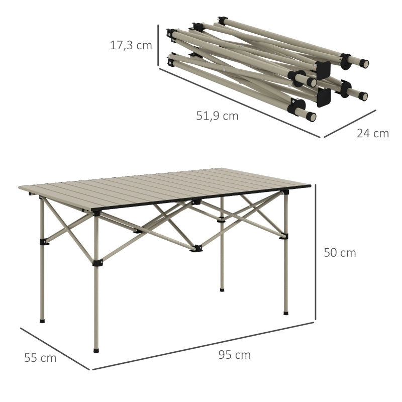 Tavolo da campeggio Tavolo pieghevole con piano avvolgibile in X-frame Luce per il tavolo da giardino in alluminio Tavolino laterale per 2 persone Tavolino pieghevole per balcone in giardino Campeggio 95 x 55cm kaki