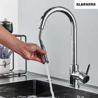 JANA | Rubinetto cucina estensibile Premium in acciaio inox cromato | Miscelatore arco alto gastronomia alta pressione ruotabile a 360° 2 attacchi