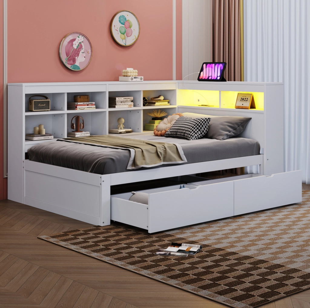 Letto da giorno ULEVR 90x200 cm con cassetti, ripiani, LED multicolore e presa USB, bianco