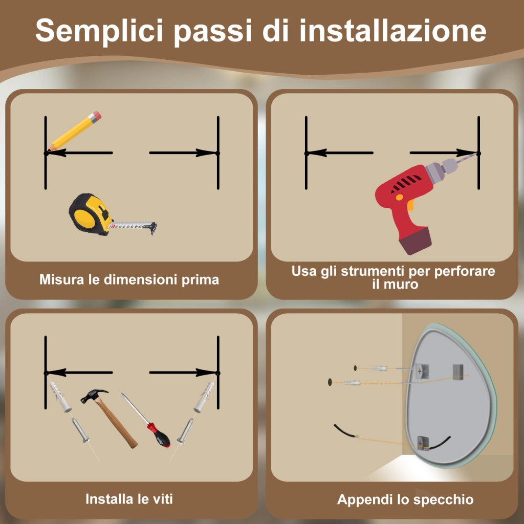 80 x 65 cm Specchio con illuminazione integrata bagno ciottolo. Touch. 3 Temperature Colore. Pellicola Antideflagrante