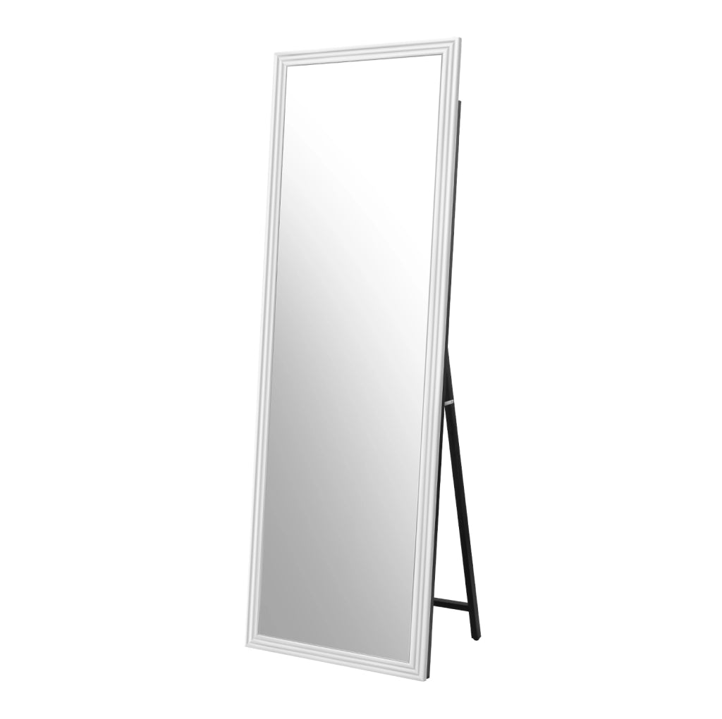 Specchio intero 160x50 cm, cornice bianca e supporto metallico regolabile