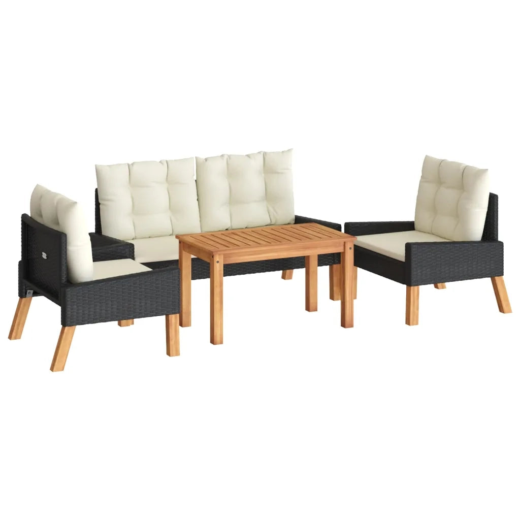 Set da Giardino 4 pz | Set Salotto da Giardino con Cuscini in Polyrattan e Legno Massello