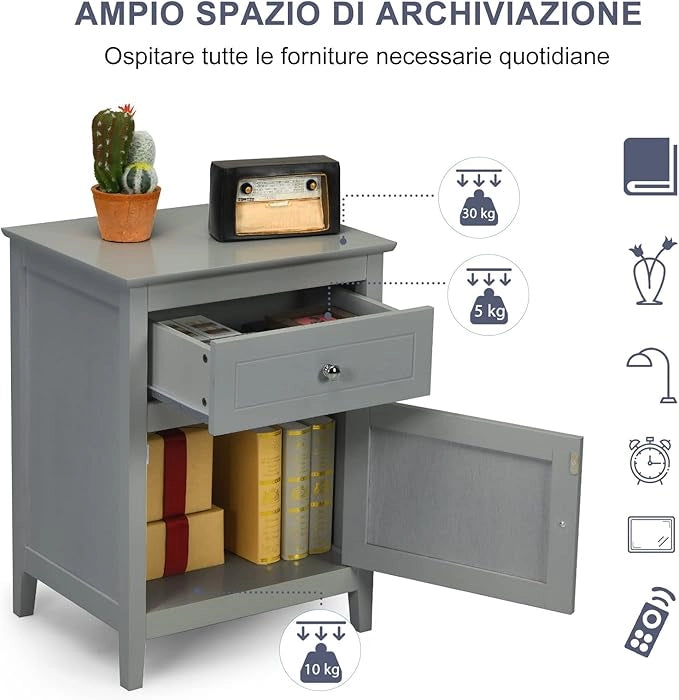 Comodino Moderno, Tavolino con 2 Livelli e Superficie Spaziosa, Mobile da Divano con Cassetto in Legno per Camera da Letto Salone e Ufficio, 48 x 38 x 63,5 cm (2, grigio)