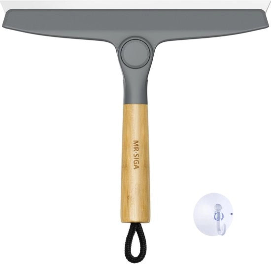Wisser universale in silicone per doccia, specchio, vetro, douchewisser senza spazzole, manico di bambù rotante, inclusa 1 chiave di avvitamento, 25,4 cm di larghezza, grigio, 1 confezione