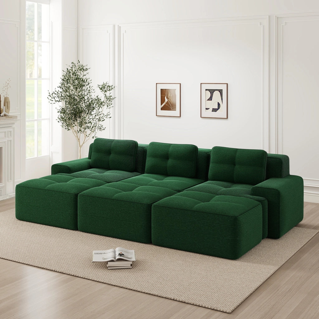 Sof¨¤ modulare angolare senza cornice - Zephmum- Tessuto morbido, 3 sgabelli, funzione letto, verde