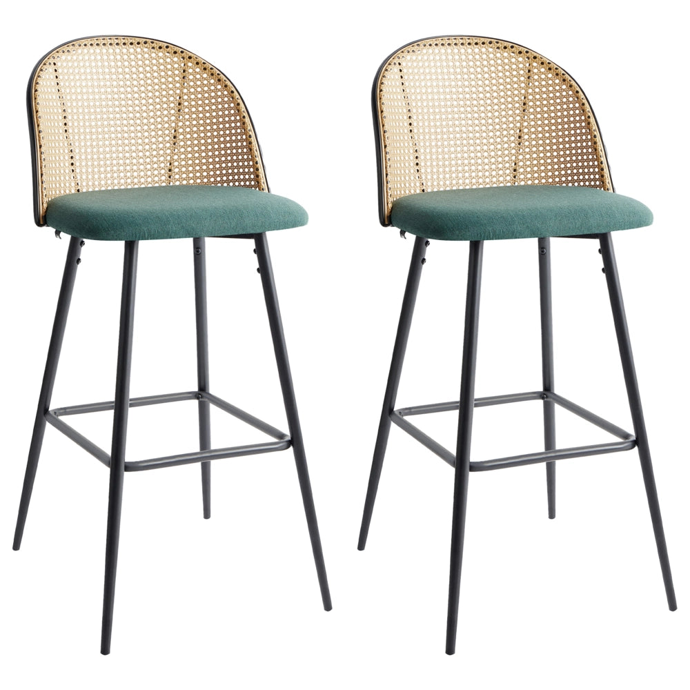 Set di 2 sgabelli da bar in metallo verde effetto legno con intreccio viennese stile retrò soggiorno