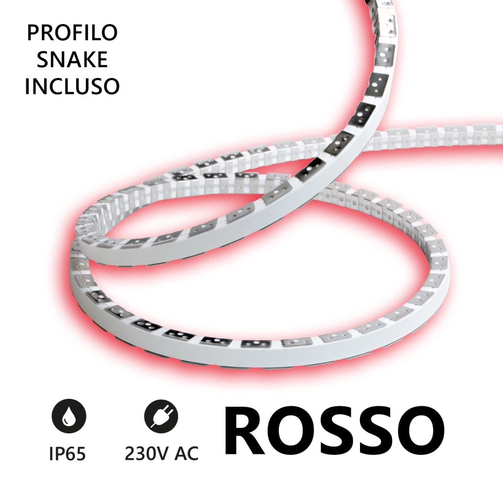 Alcapower Striscia LED Snake Flex 20m 230V 12W/m Colore Rosso IP65 in Silicone, Flessibile e ad alta luminosità con tecnologia SMD 2835 integrata