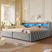 Letto imbottito 140x200 cm con contenitore e LED in flanella grigio