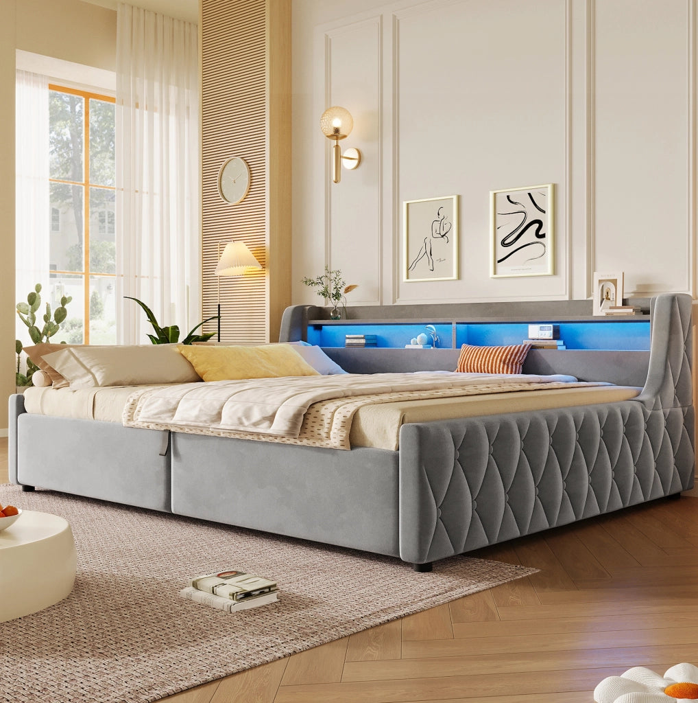 Letto imbottito 140x200 cm con contenitore e LED in flanella grigio