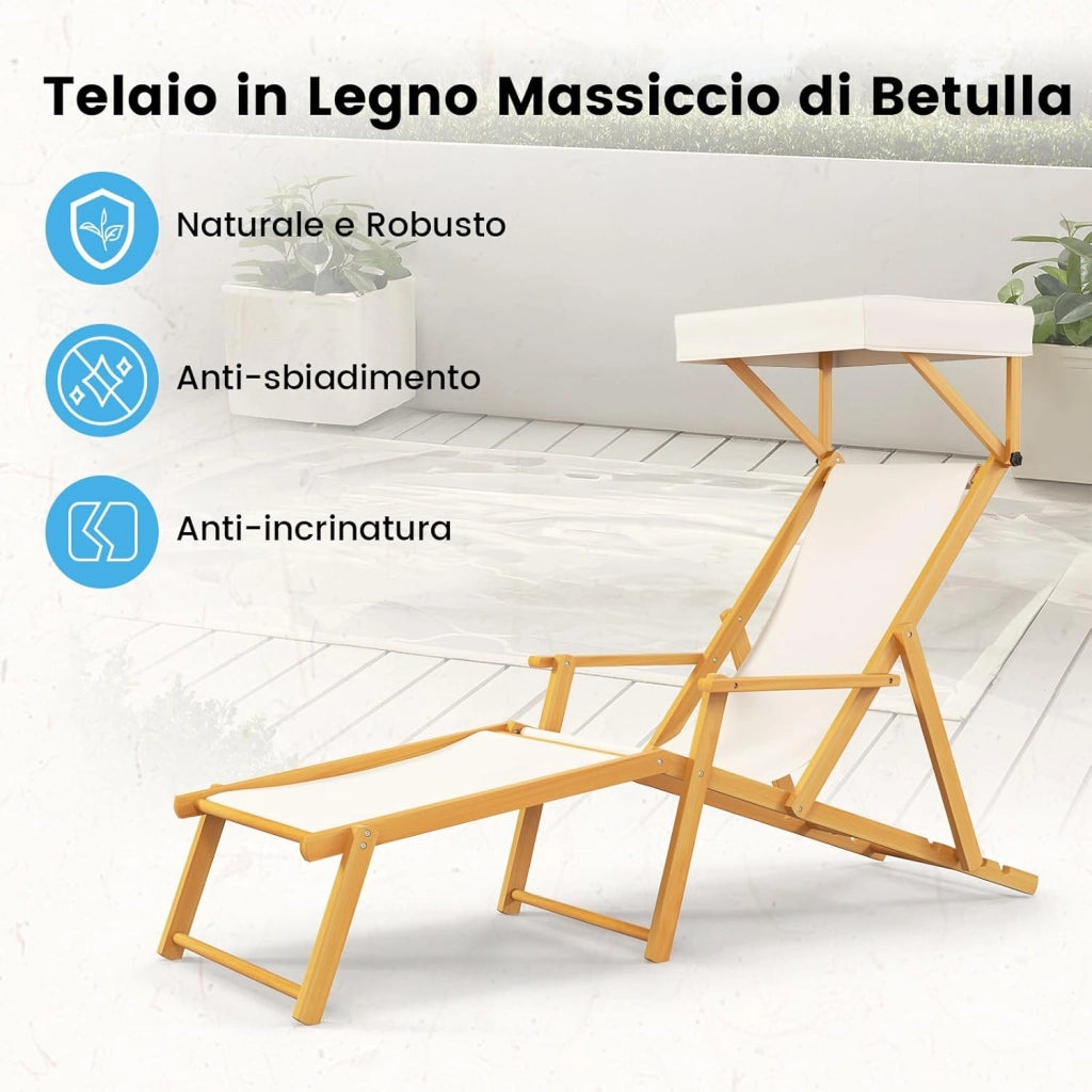 Sedia a Sdraio in Legno di Betulla, Lettino Prendisole da Giardino, Sedia da Spiaggia Pieghevole con Cappottina Regolabile e Rimovibile, Schienale Reclinabile e Poggiapiedi, Portata 100 kg