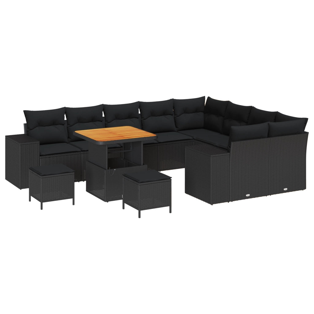 Set di divani da giardino con cuscini neri in polyrattan acacia da 12 pezzi