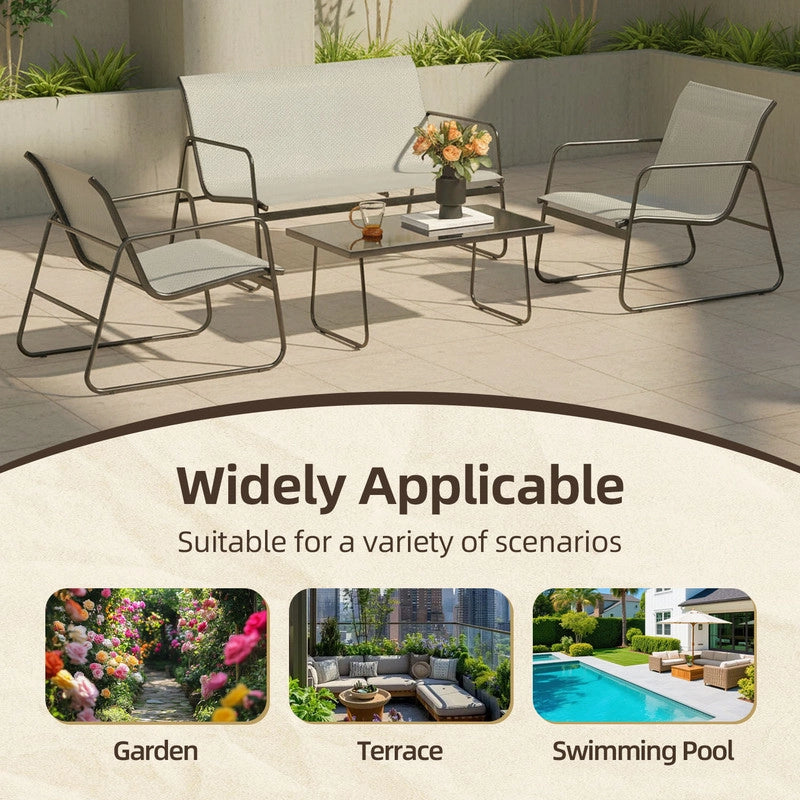 Set di mobili da giardino composto da 4 pezzi, set da bistrot con 2 sedie, 1 divano e 1 tavolino, mobili con struttura in metallo (grigio)
