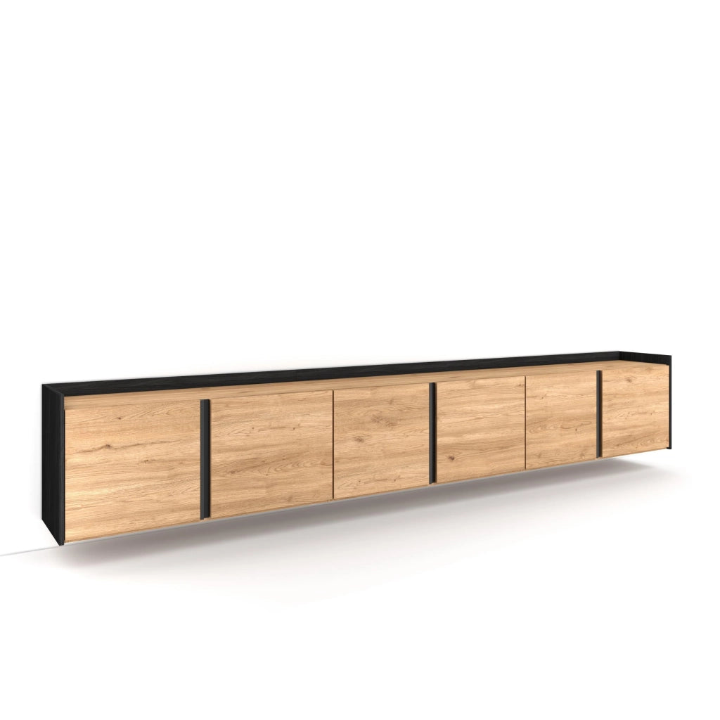 Mobile TV Soggiorno, 309x50x35 cm, Per TV fino a 80", Sospeso, da appendere, Rovere e nero