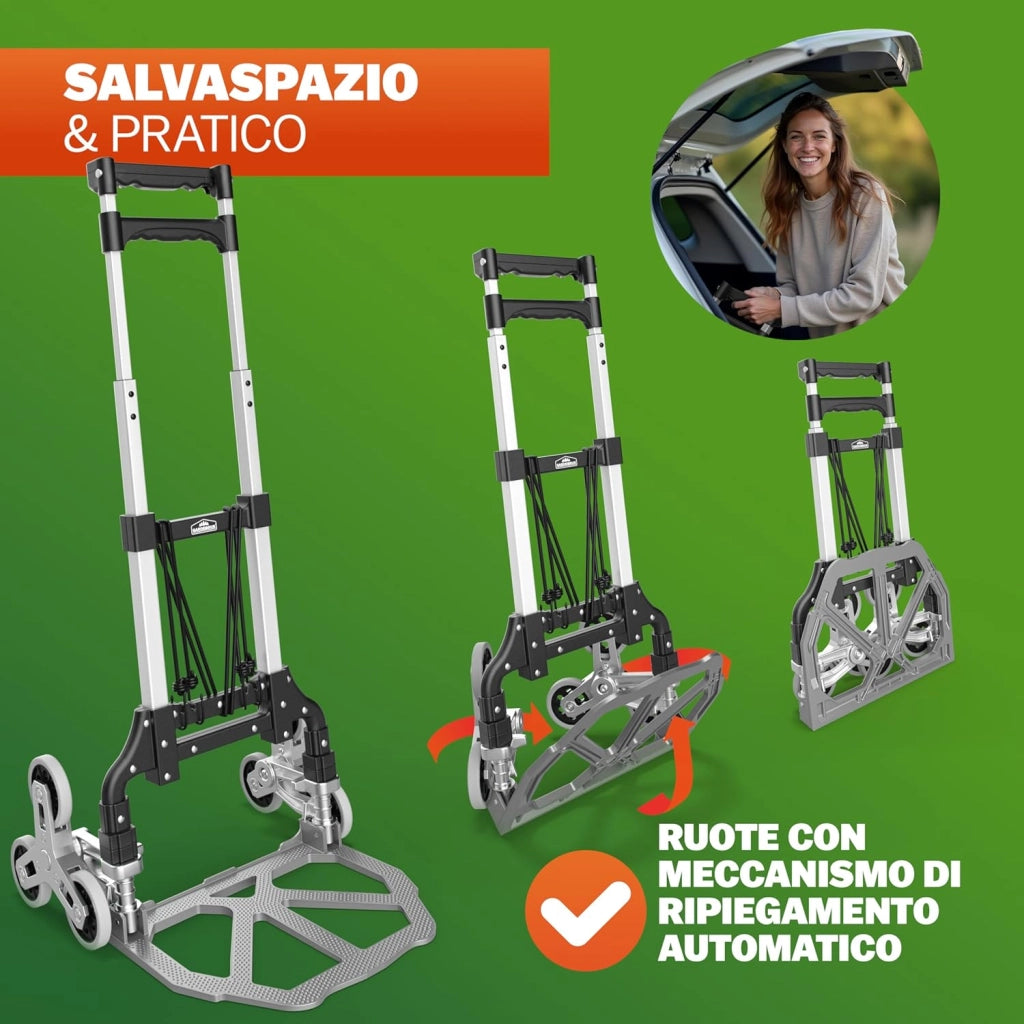 ® Carrello Saliscale con Ruote in PP Antiforatura Pieghevole 80Kg Alluminio Incl. Guanti 2 Corde Carrellino Portapacchi Trasporto Scatole