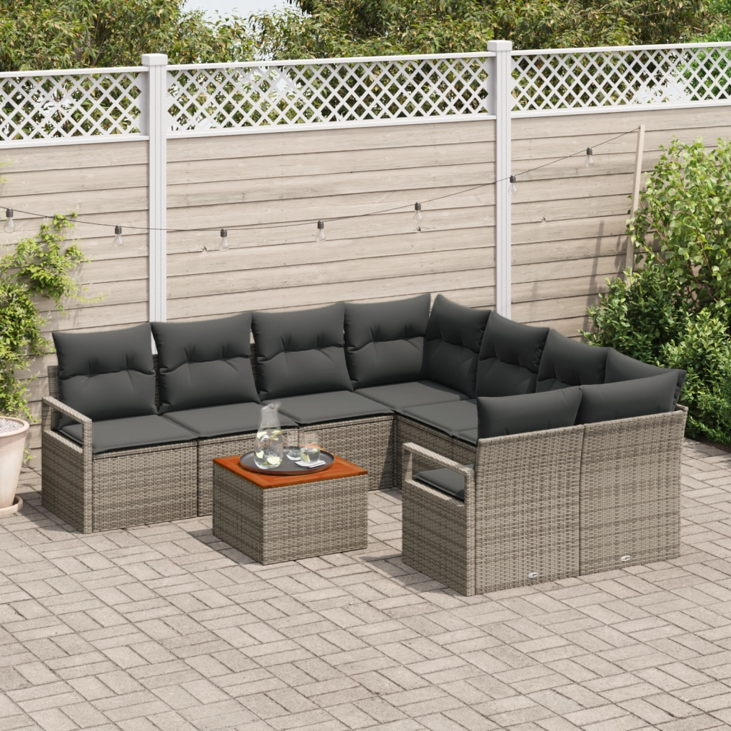 Set di divani da giardino 9 pezzi con cuscini grigio polirattan acacia