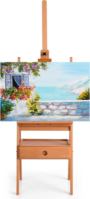 Cavalletto in Legno di Faggio Massiccio, con Ripiano e Cassetto, Cavalletto da Pavimento Regolabile in Altezza, Cavalletto per Artisti Fino a 92 cm di Altezza, 151-194,5 cm, Carico di 15 kg