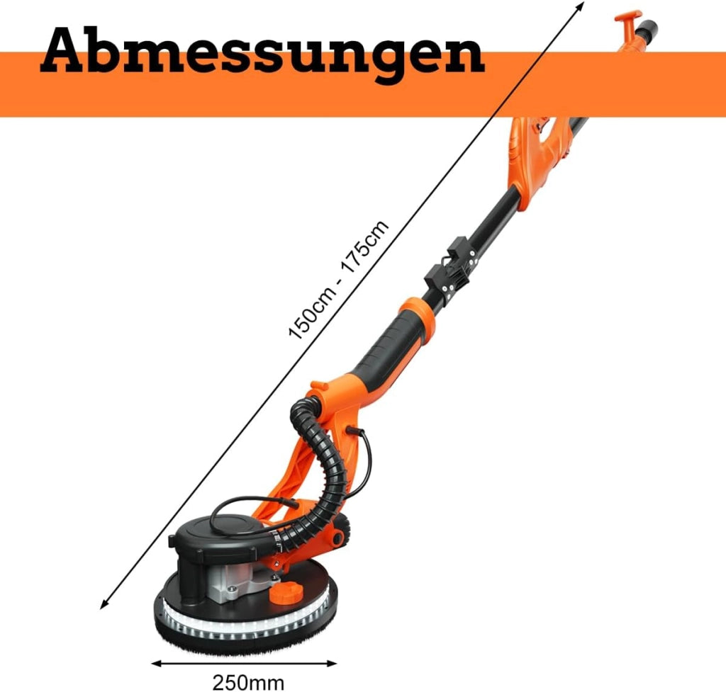 Levigatrice per Muro 750W, Ø 250 MM, 6 Velocità Massima di Rotazione 1750 Giri/Min, Giraffa Levigatrice con Manico Telescopico, Luce LED, 12 Carte Abrasivi & Sacchetto, per Muro, Soffitti