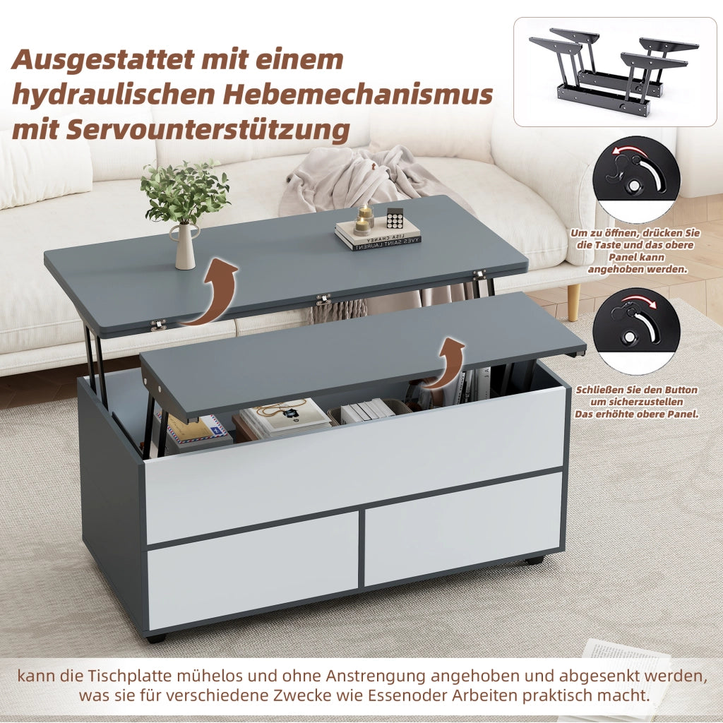 Tavolino basso sollevabile con ruote, cassetto e vani contenitore in pannello truciolare grigio e bianco 100 × 98 × 65 cm