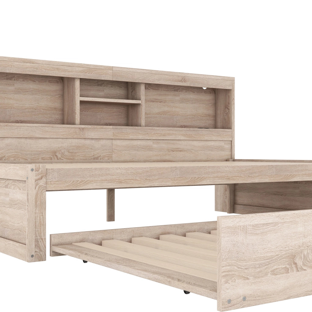 OKWISH Letto a Divano 90×200 cm, Letto Singolo con LED Regolabile, Presa e USB, Letto Estraibile 90×190 cm, senza Materasso, Naturale