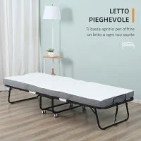 Letto Pieghevole Singolo 90x200 cm con Materasso Spesso 10 cm, Rete in Metallo e Ruote con Freno, Nero