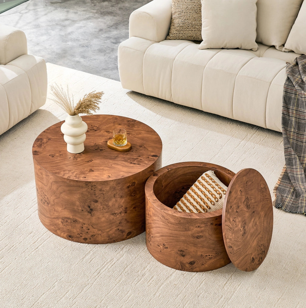 Set 2 tavolini rotondi nesting in MDF marrone con vano contenitore