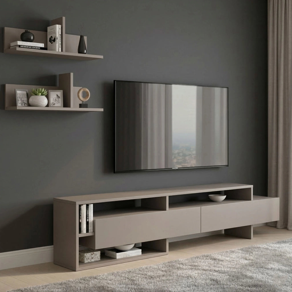 Mobile Soggiorno Huko, Parete Attrezzata 2 Cassetti, Beige