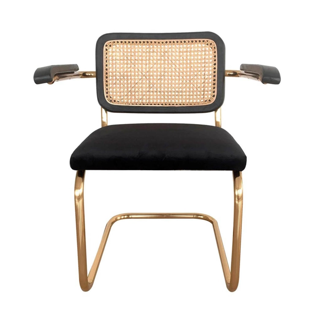 LÚZETE - SILLA WEBSTER CON REPOSABRAZOS NEGRA RATTAN NATURAL PATAS DORADAS