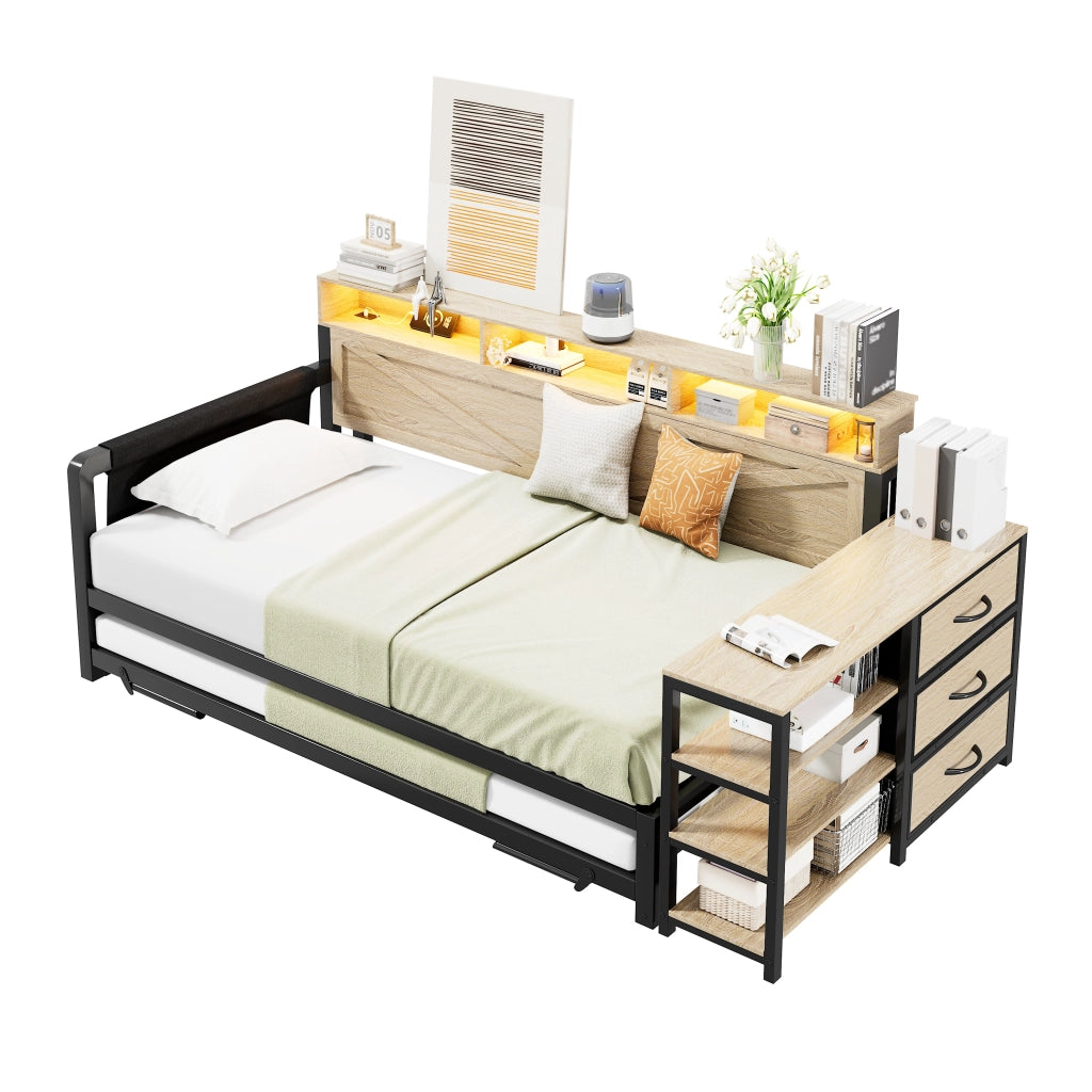 Divano letto in metallo 90x200 nero, letto estraibile regolabile, letto con 3 cassetti, LED e USB