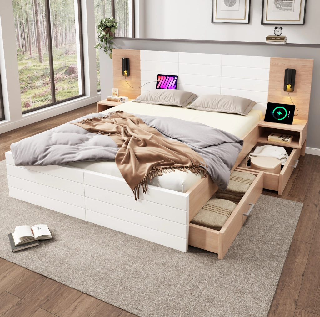 Letto matrimoniale 180x200 cm con LED lettura USB e cassetti