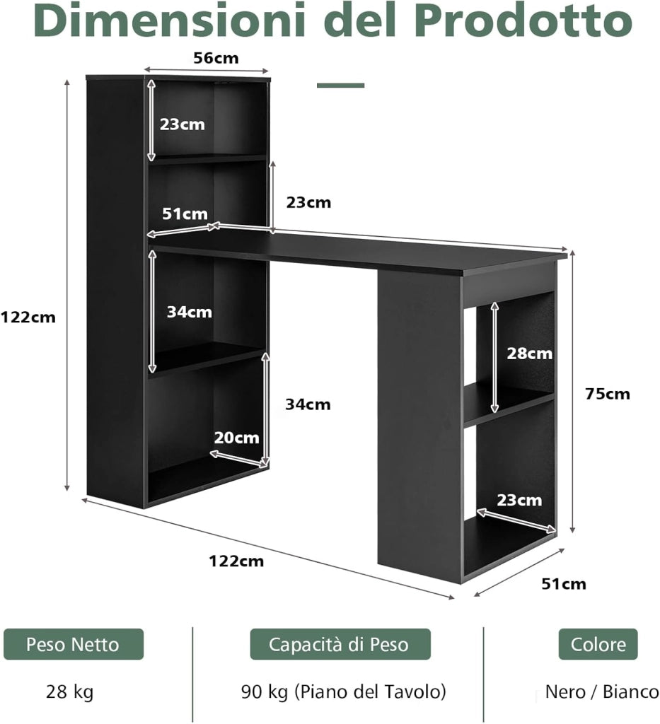 Scrivania per Computer con Libreria, Scrivania Moderna Porta PC con 6 Ripiani, Mobile Scrivania con Ripiani Regolabile Ampia Base per Casa, Ufficio (nero)