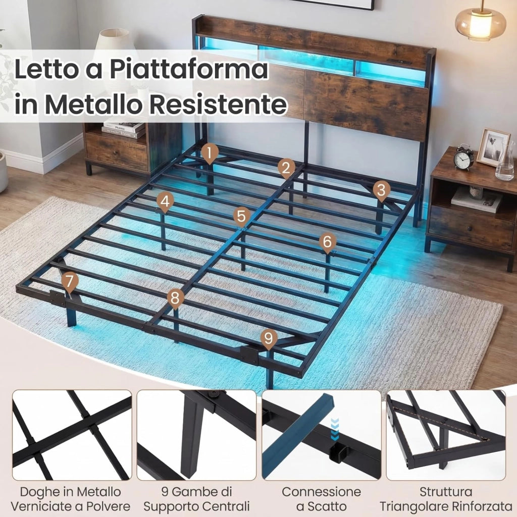 Letto Matrimoniale 140 x 200 cm, Struttura Letto Fluttuante con Luci LED e Stazione di Ricarica, Telaio Industriale in Metallo con Testiera Contenitore, Silenzioso