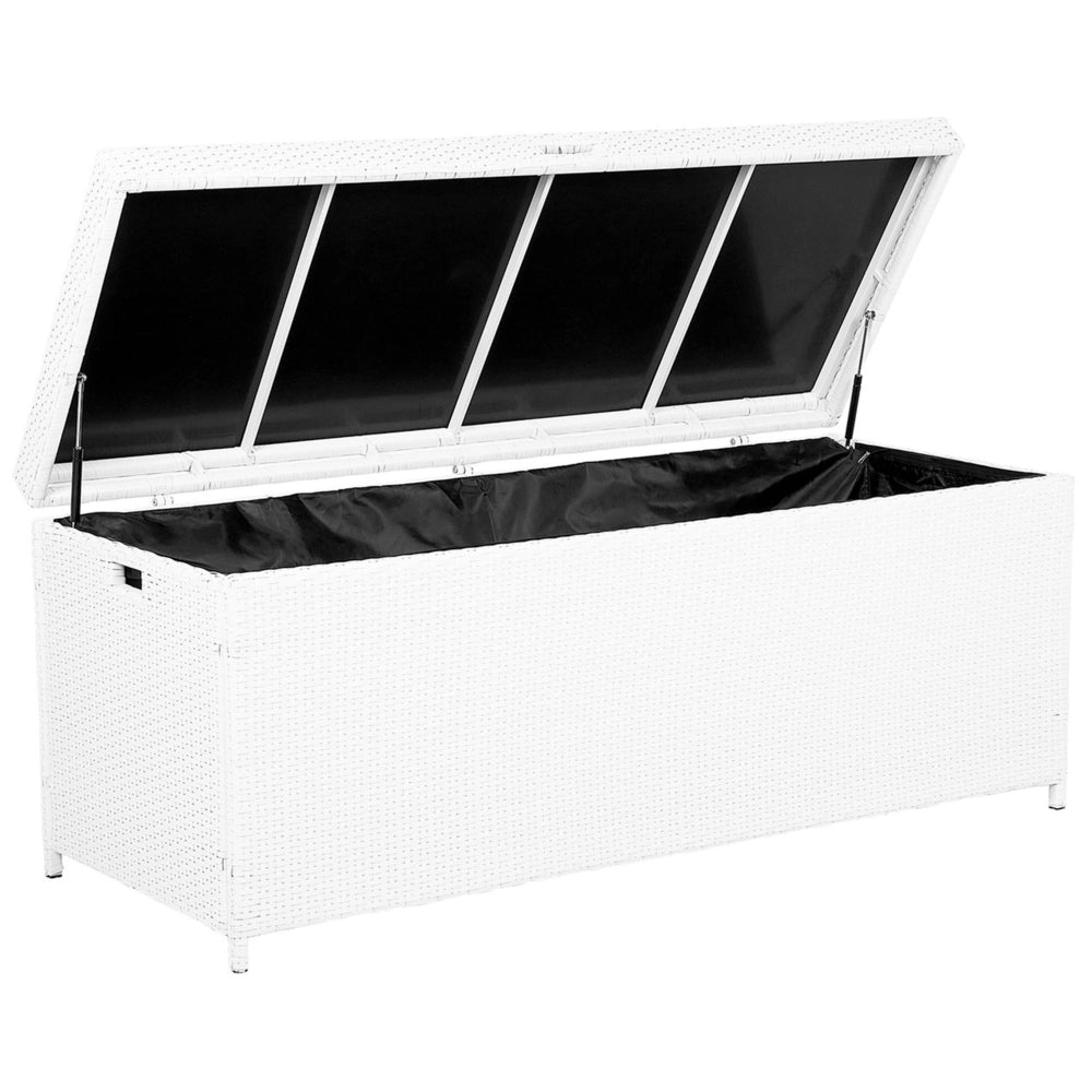 Cesta baule portaoggetti da esterno cuscino da giardino in finto rattan bianco 158 x 63 cm
