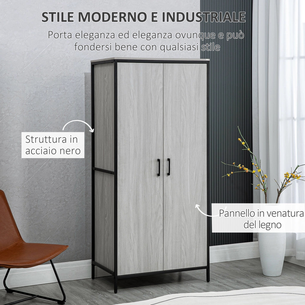 Easycomfort Armadio Guardaroba 2 Ante con Scomparti e Barra Appendiabiti 80x50x179cm, Grigio