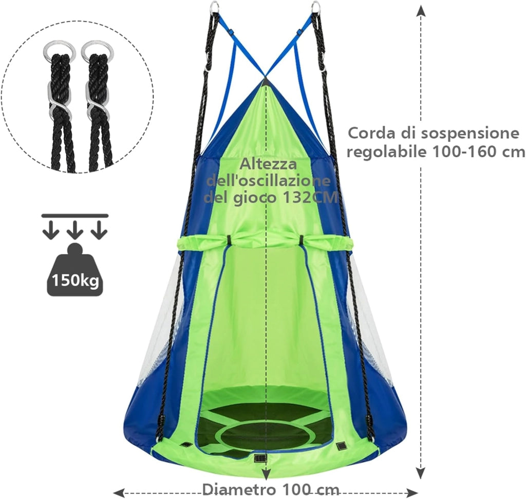 Tenda Altalena da Giardino, Altalena con Tenda da Gioco, 100 x 100 x 132 cm (Blu-Verde)