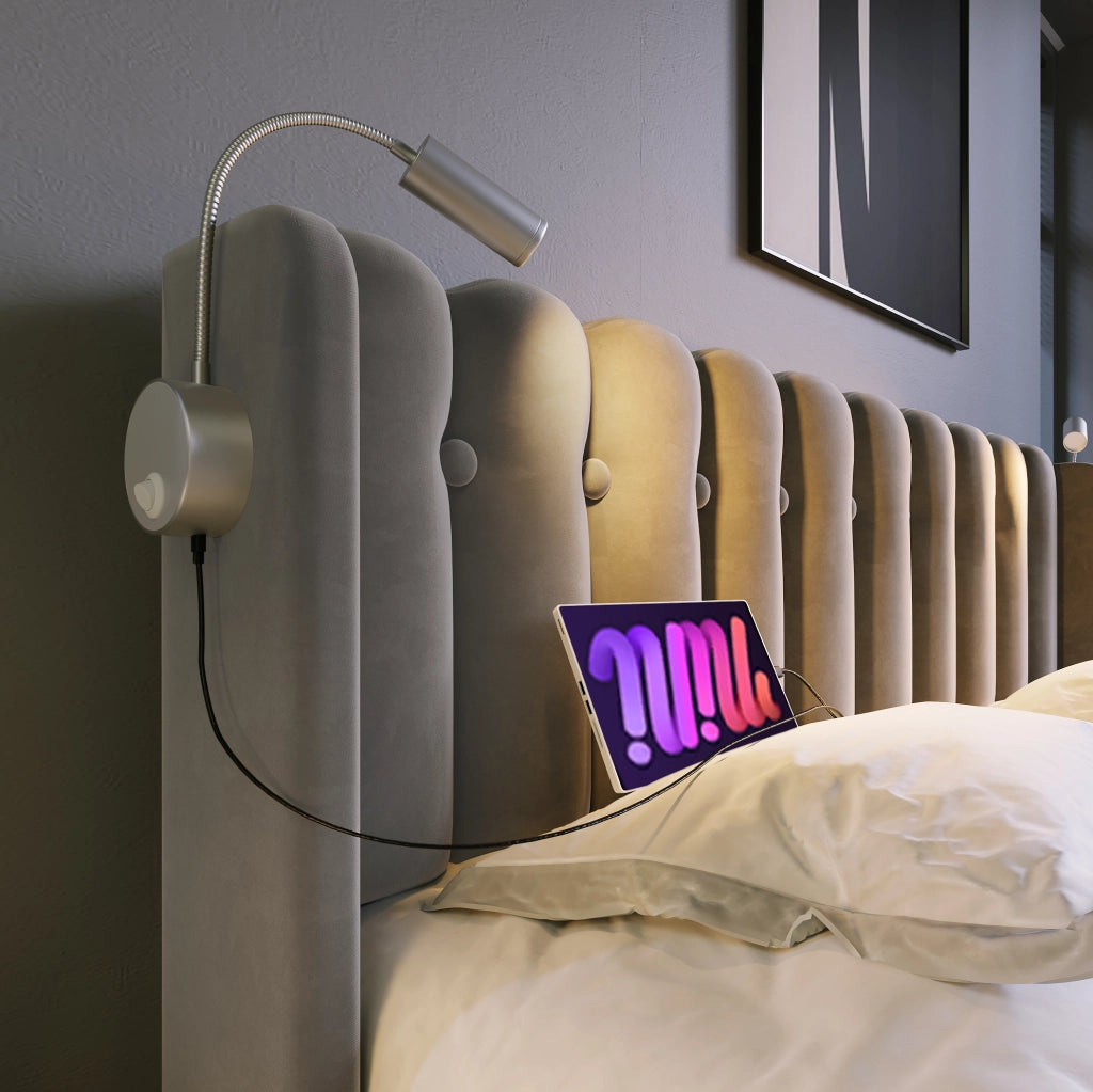 Letto contenitore 140x200 in velluto grigio con luce LED USB, rete e materasso H3
