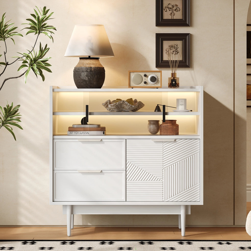Armadietto da bagno con LED, ante scorrevoli in vetro e vani aperti, per bagno e soggiorno, bianco, 80 cm