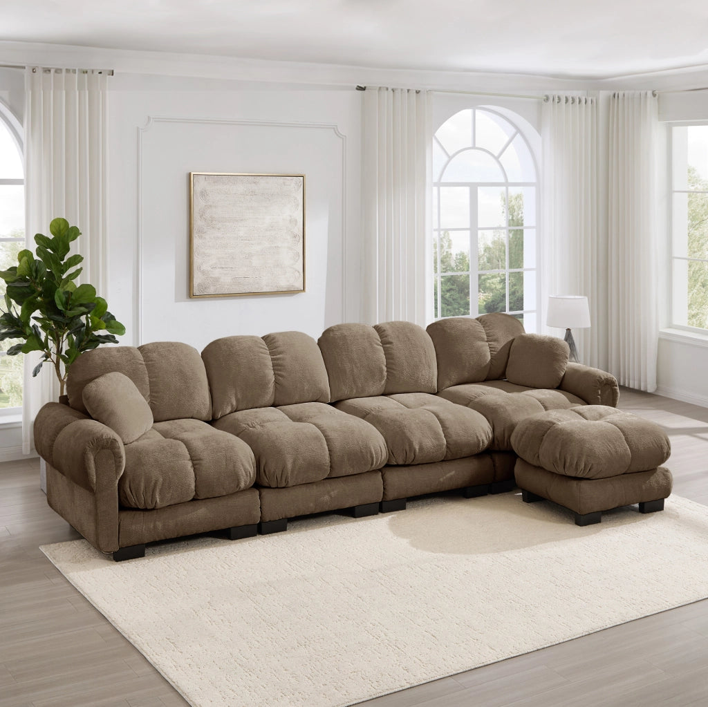 Divano componibile in ciniglia con pouf mobile; 330×149×90 cm; marrone