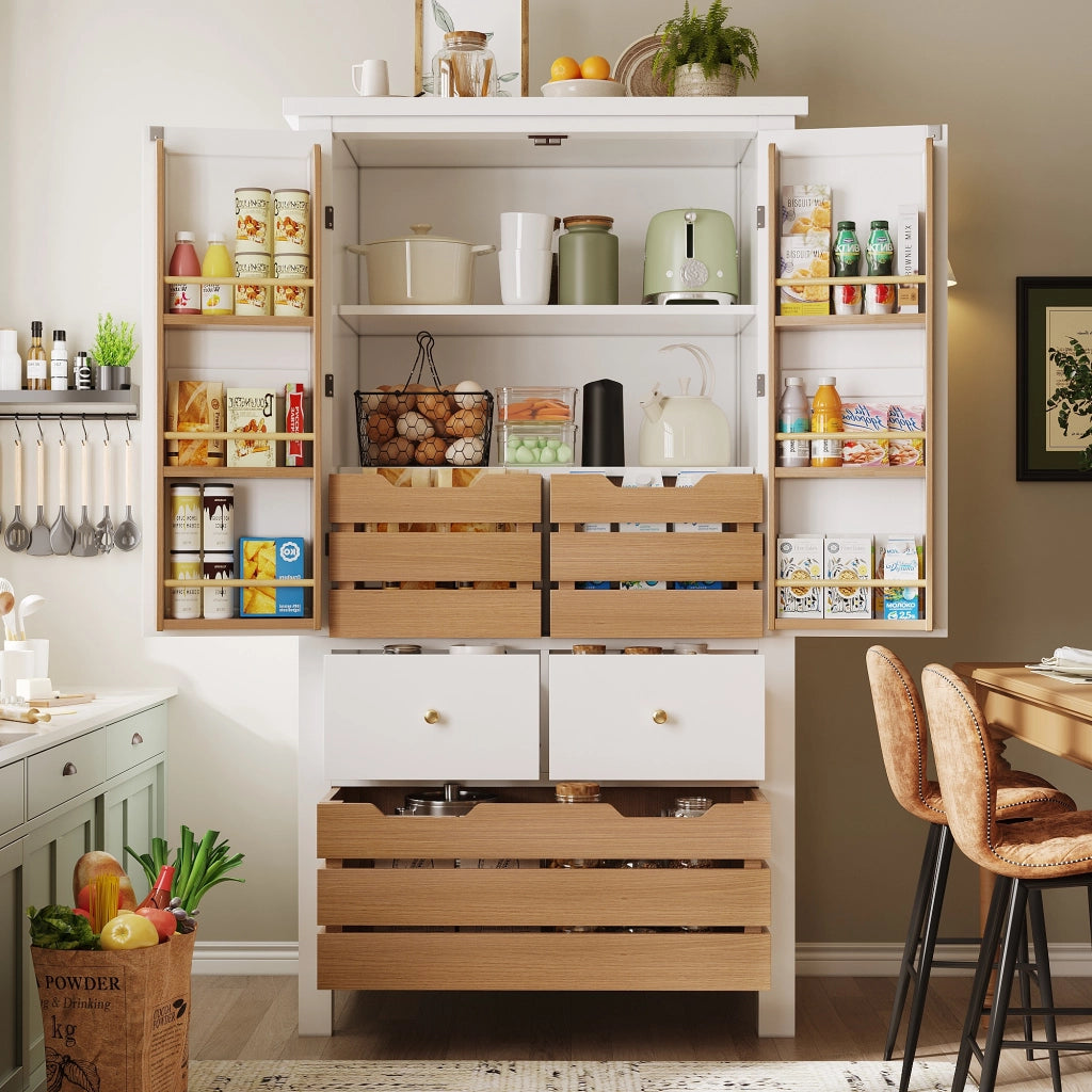 Credenza da Cucina Alta con 2 Ante e 5 Cassetti; Chiusura Magnetica; in MDF; 80x40x140 cm; Bianca