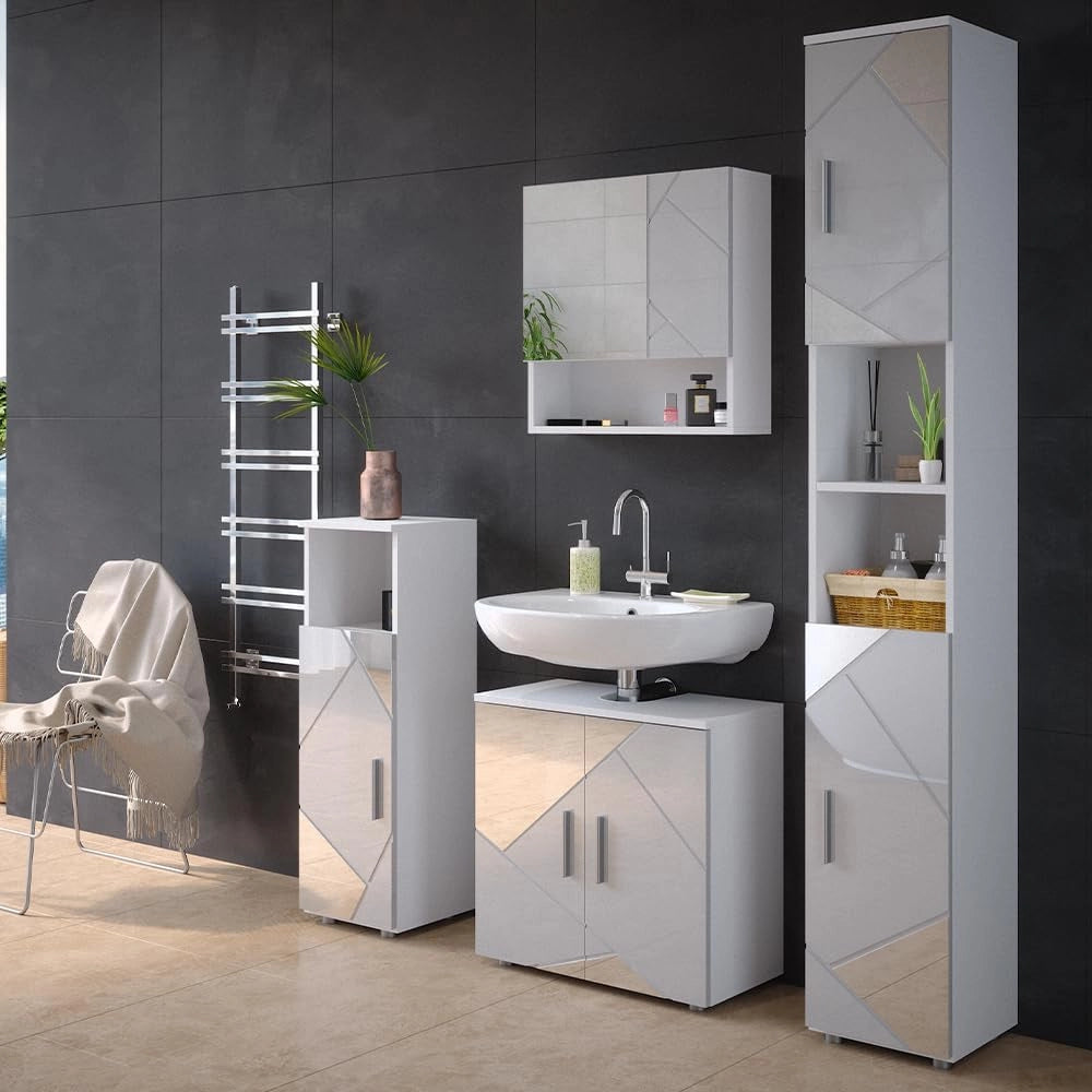 Set mobili bagno Irma, Bianco lucido con inserti, 80 cm, composto da mobile lavabo, pensile a specchio, colonna e base media