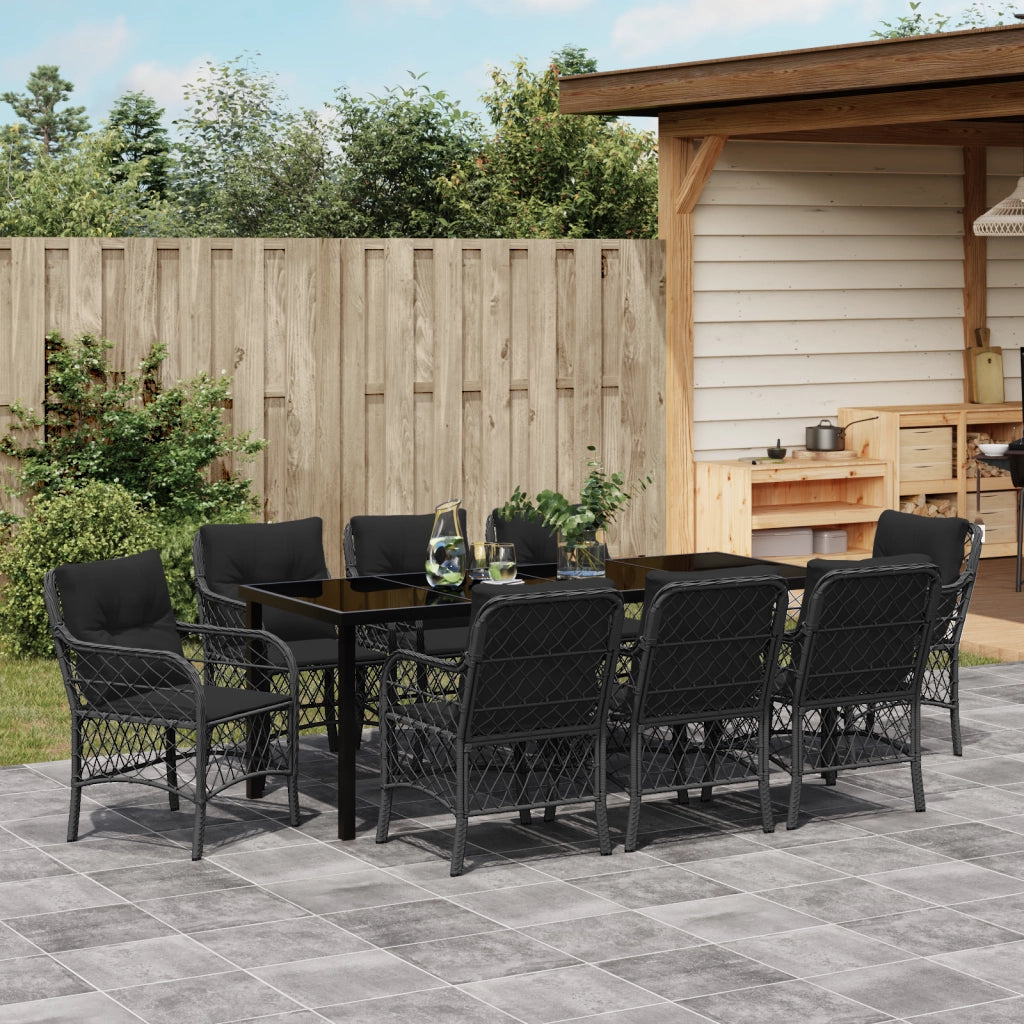 Set da Pranzo da Giardino 9 Pezzi con Cuscini Nero Polyrattan