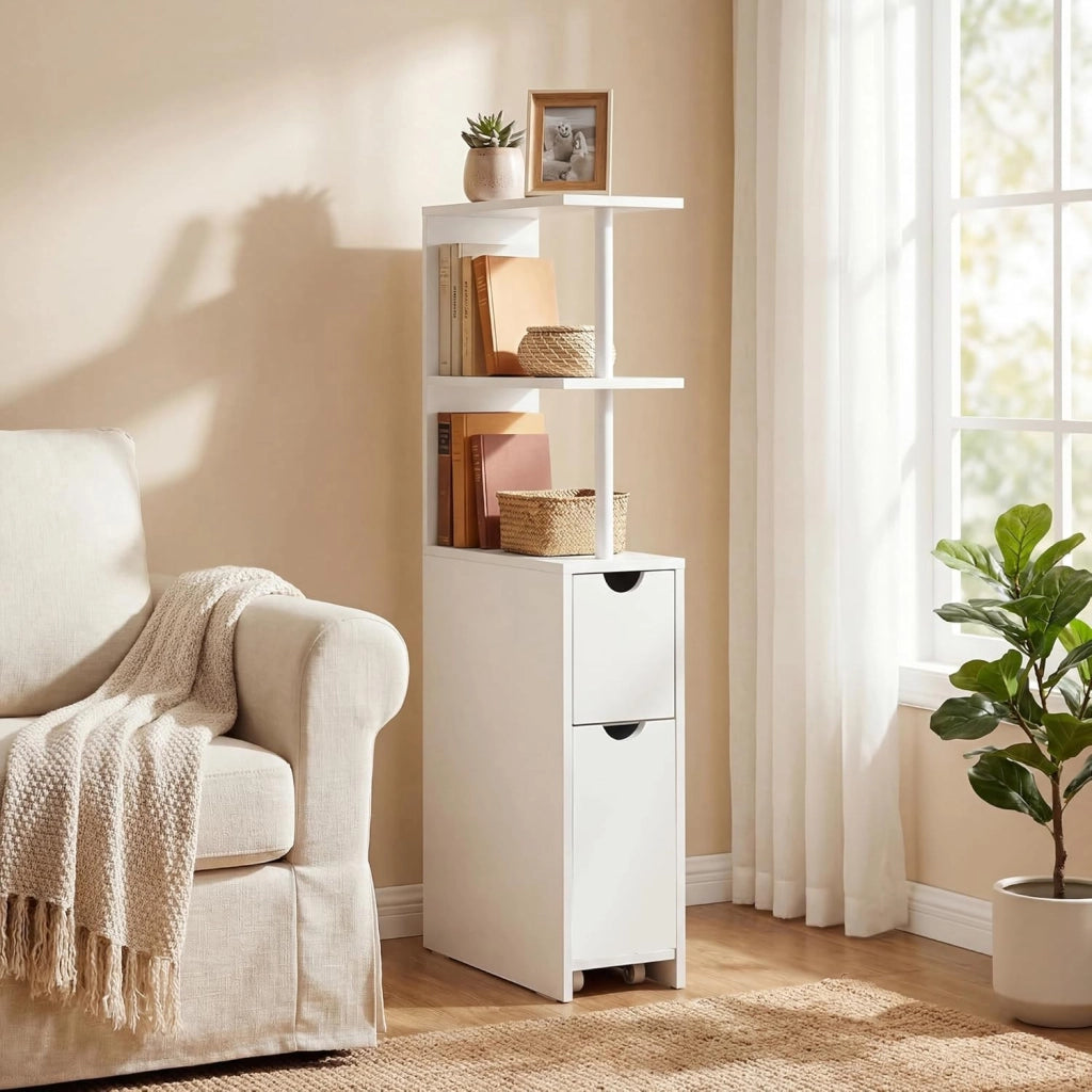 Mobile Alto per Bagno, Armadio da Terra con Ripiani Aperti, Cassetto con Rotelle, Mobile Colonna per WC Salvaspazio per Salotto, Camera e Cucina, 45 × 20 × 114 CM, Bianco