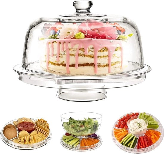 Piatto da torta con sostegno Modern design 6 in 1 multifunzionale Piatto da torta e copertura a cupola in plastica Multiproposito - Prodotti di alta qualità. Piatto da torta con sostegno.