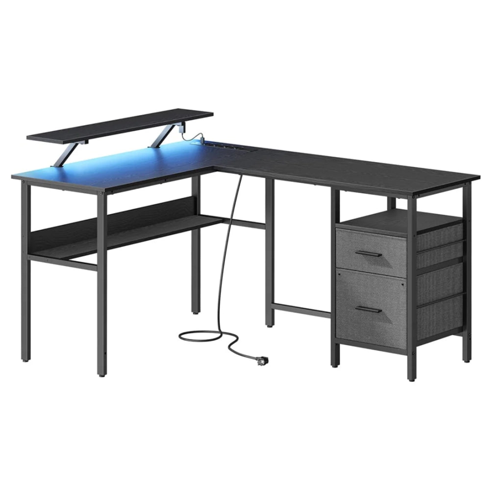 Scrivania angolare con multipresa 120 x 150 x 76 cm scrivania per computer con supporto per monitor scrivania da gaming a LED 2 cassetti 2 porte USB facile da montare nero 12_0004625