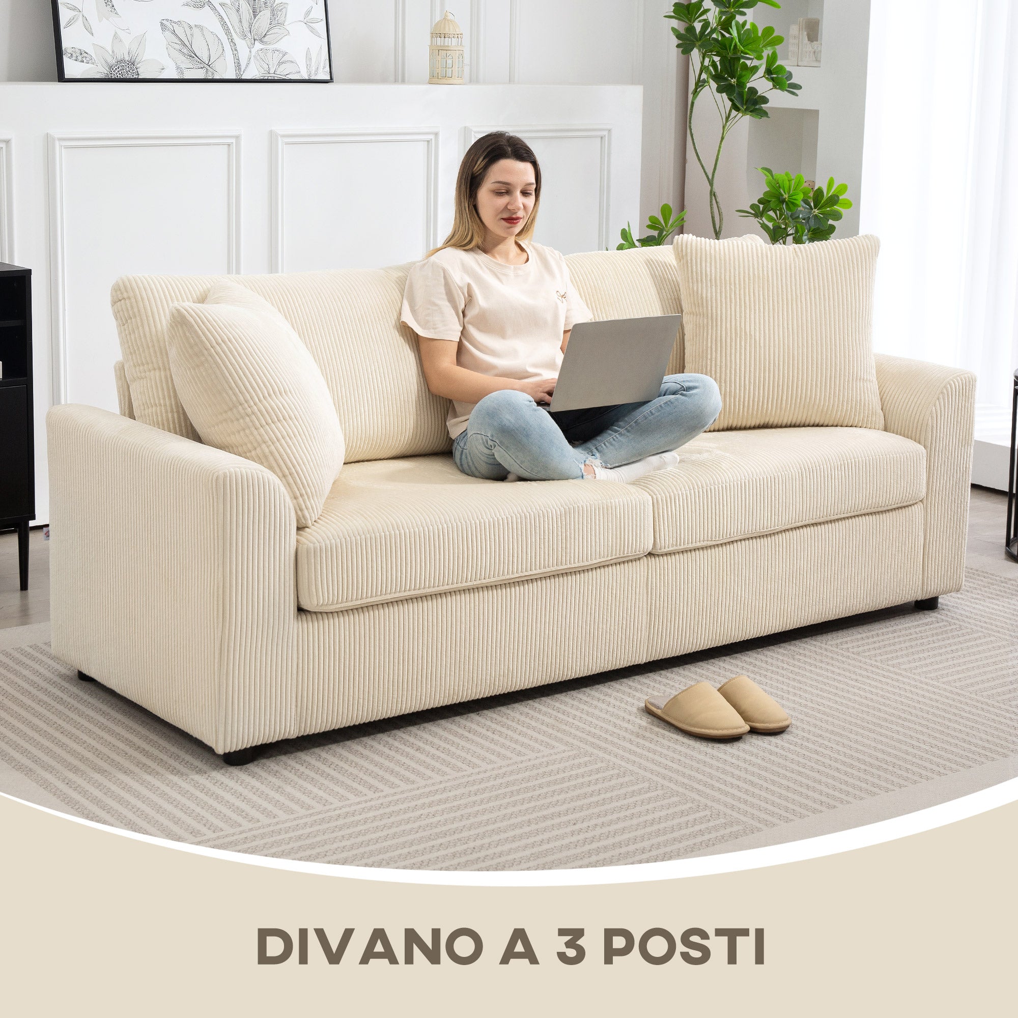Divano 3 Posti con Molle Insacchettate e 2 Cuscini 212x80x88 cm in Velluto a Coste Bianco Crema