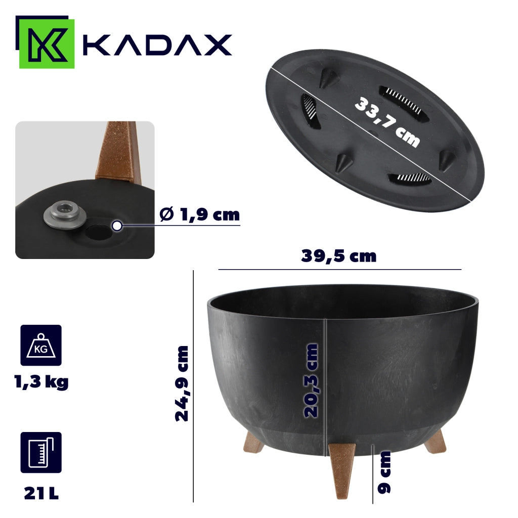 Vaso da fiori KADAX 40 cm con coperchio e piedini in sughero, colore nero.