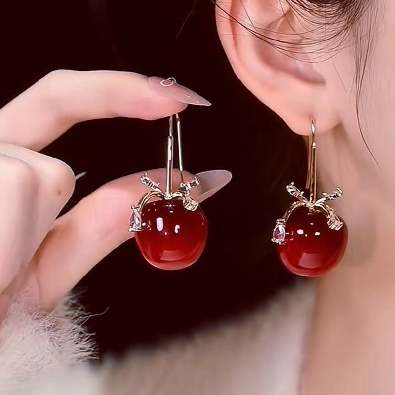 Orecchini con fiocco scintillante di strass e perline bordeaux, graziosi e dolci orecchini a forma di ciliegia