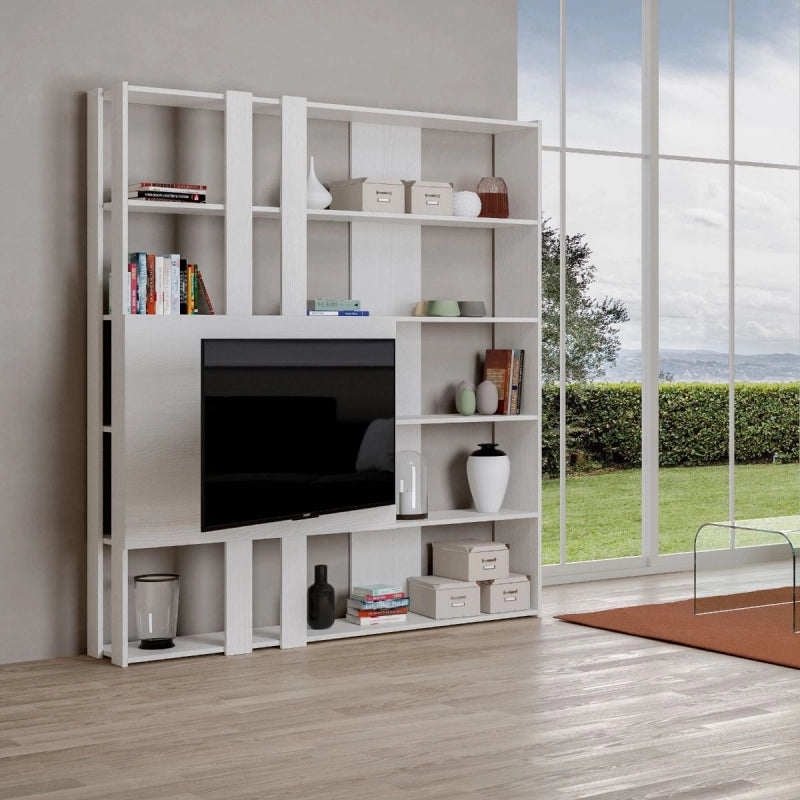 Composizione Libreria Kato 6R 2 fianchi 2 fasce lunghe 2 fasce corte 2 fasce medie pannello TV - Bianco Frassino,M