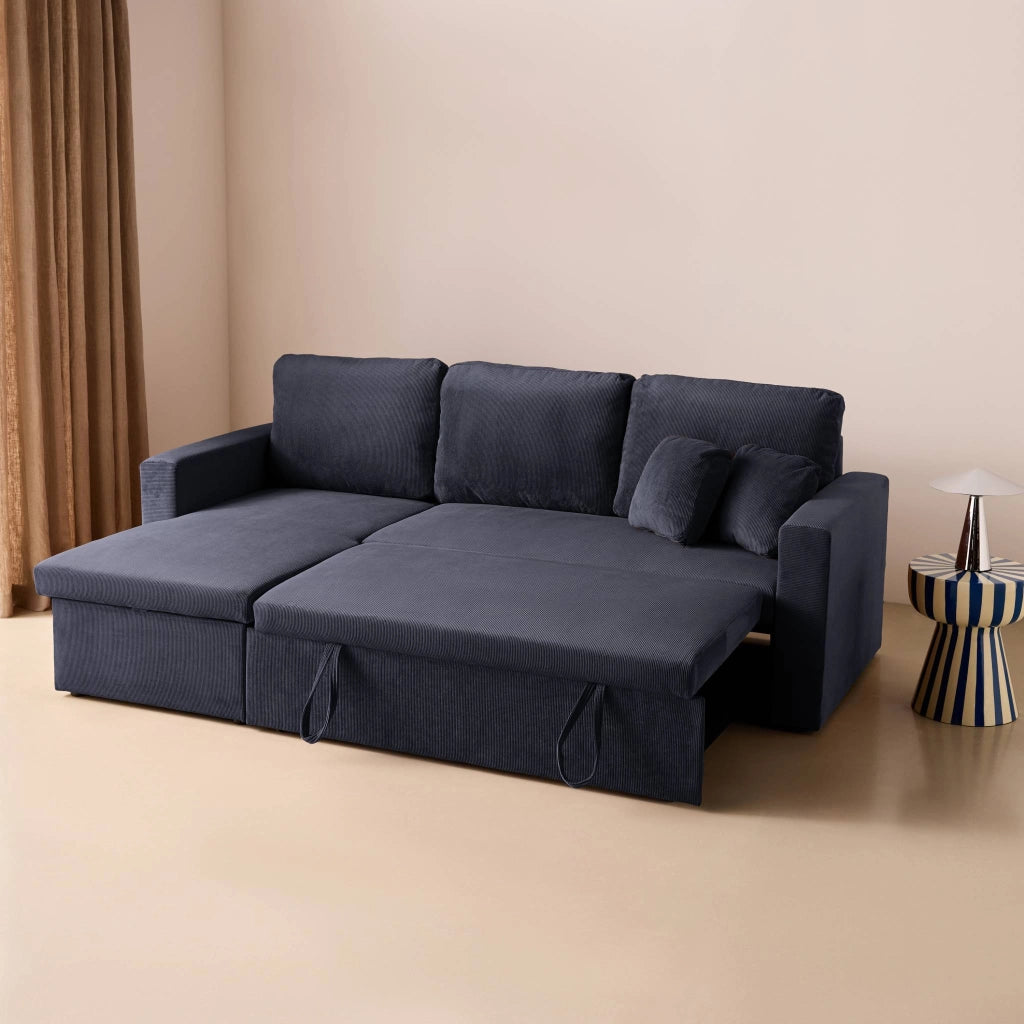Divano letto angolare reversibile in velluto a coste, 3 posti, blu